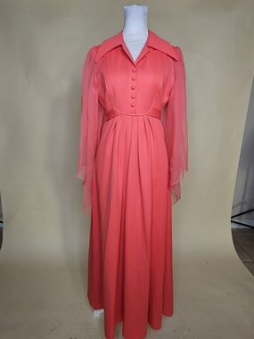 Vintage 70s Angel Sleeve Coral Pink Maxi Dress